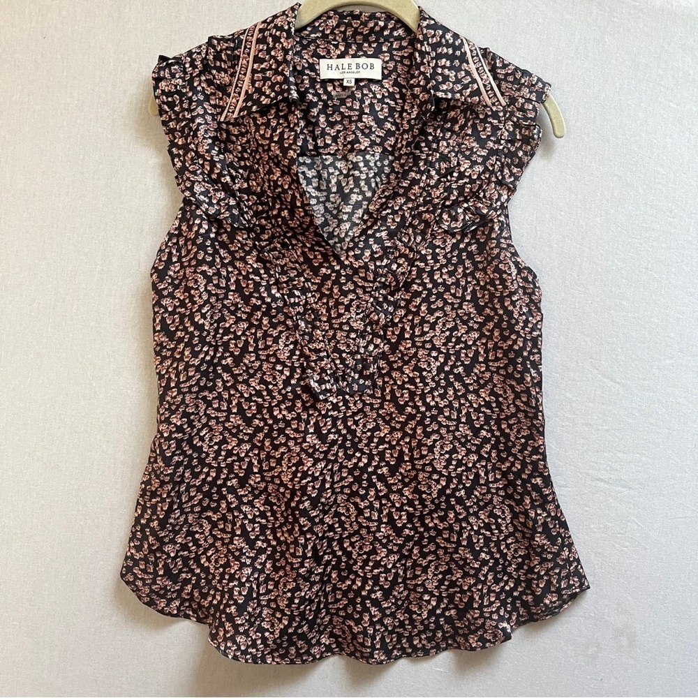 Hale Bob Black & Pink Silk Blend Patterned Sleeveless Blouse Sz XS